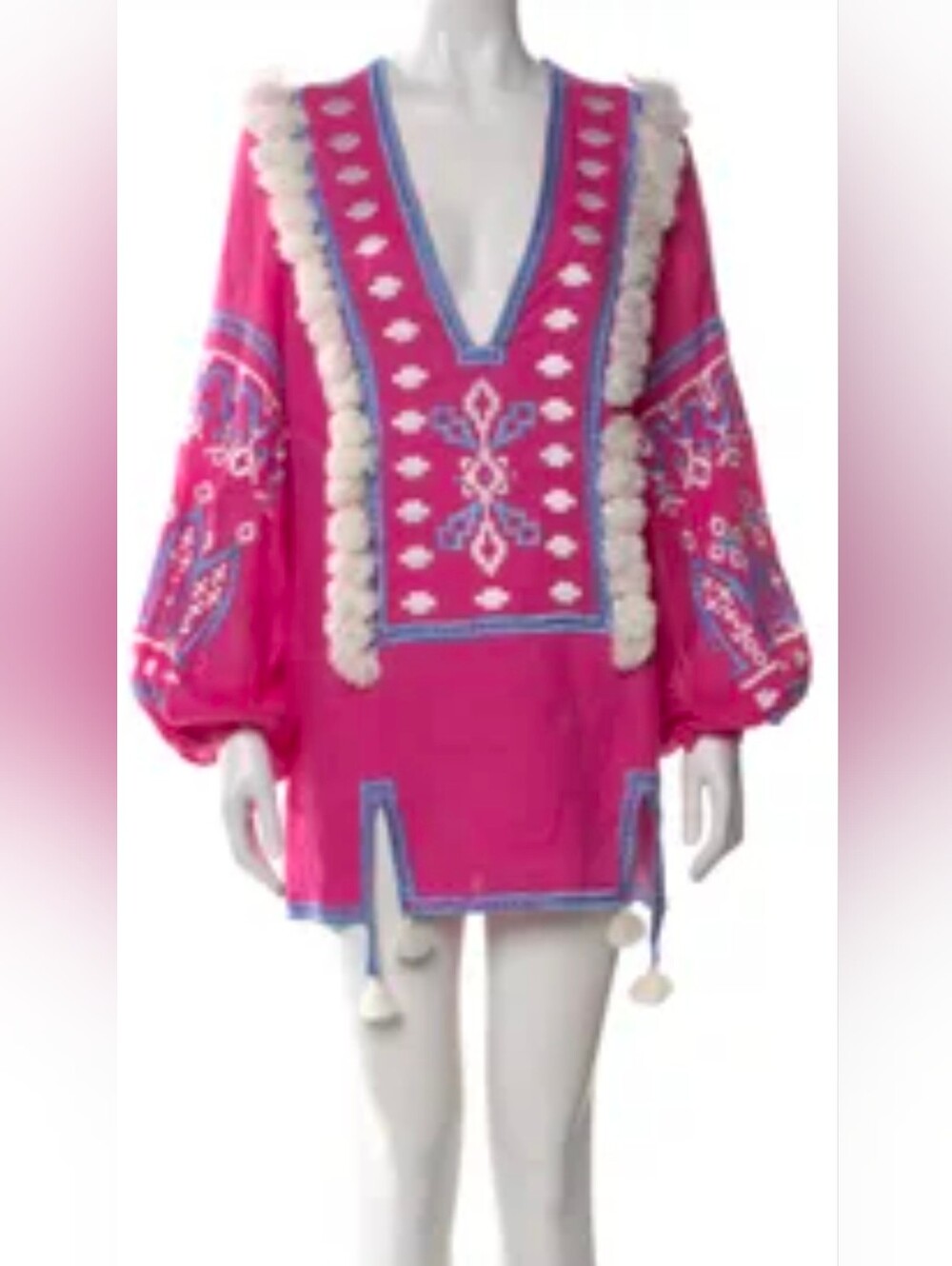 MARCH 11 STUNNING ORNATE LINEN Hot Pink BLUE  Embroidery Pom-Pom Tunic Top MINI